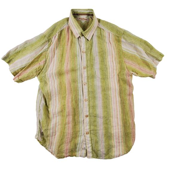 Tommy Bahama Mens Button Up Green Pineapple Striped Embordered Linen Shirt Large - Picture 1 of 11